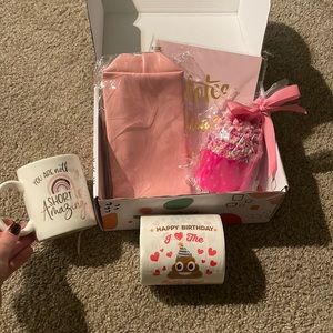 Birthday box with coffee mug, funny toilet paper, socks, notebook & makeup bag